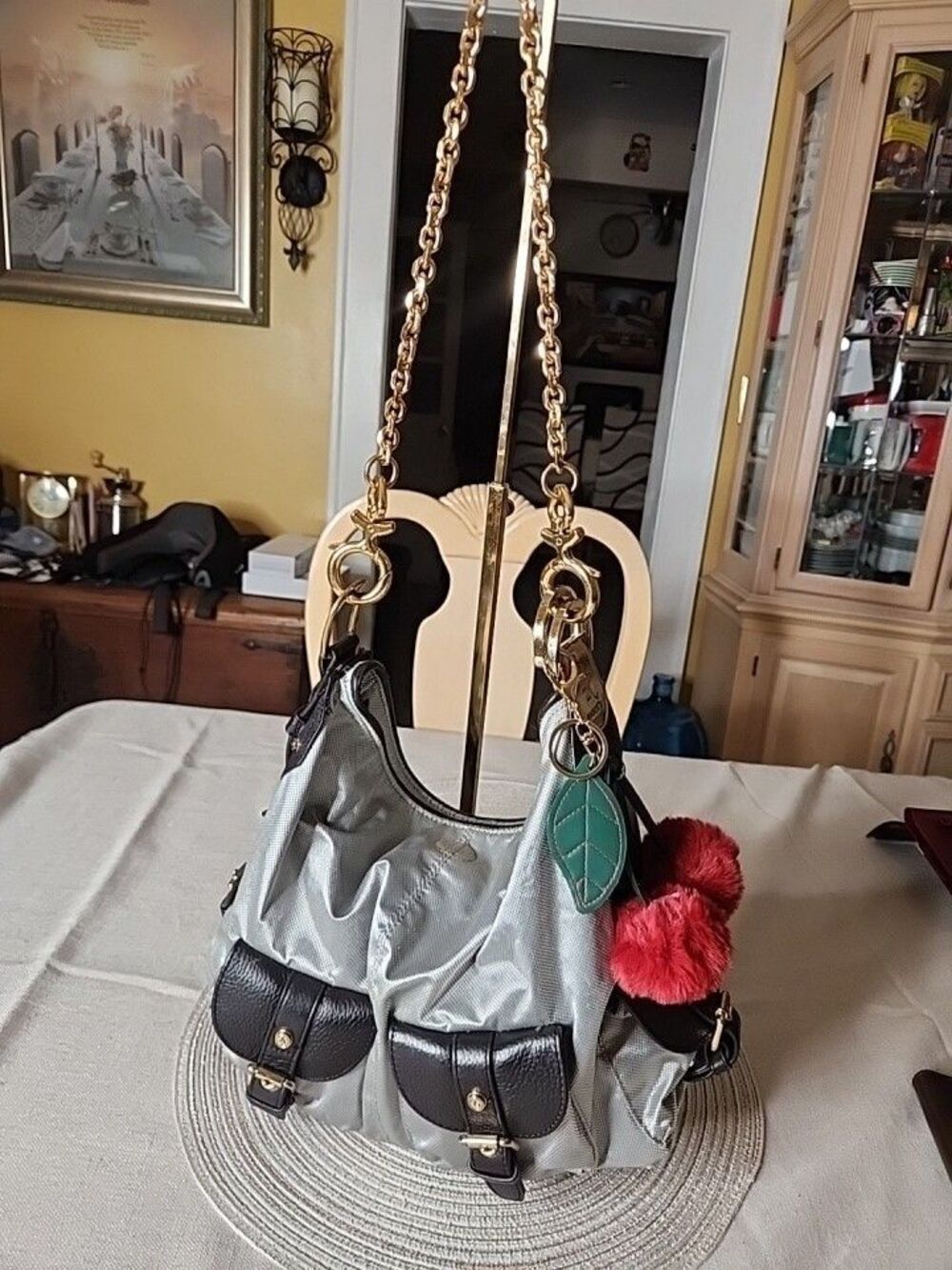 JPK Paris 75 Silver & Black Hobo Nylon & Leather Handbag  Bonus Cherry Keychain